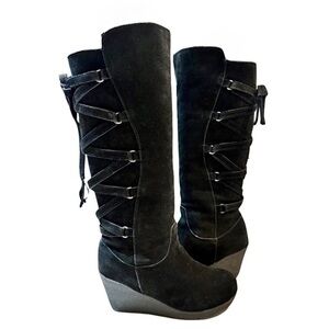 BearPaw Suede Leather Tall Wedge Lace Up Boots Pull On Sz 10‎